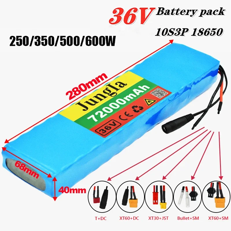 

Electric Scooter 36V Battery 10S3P 72Ah 18650 Battery Pack 500W 36v Lithium Electric Bike Battery Rechargeable Li-ion Battery