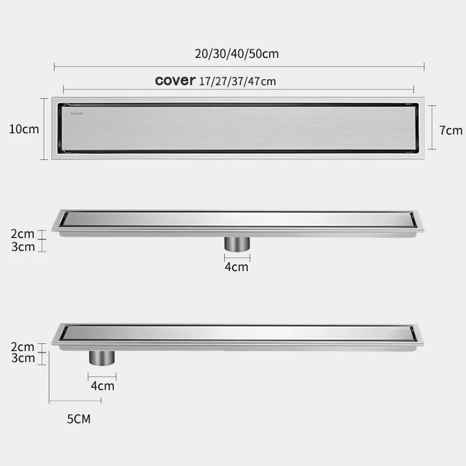 ท่อระบายน้ำพื้นแบบซ่อน สีทองด้าน/สีดำ สแตนเลส 304 สำหรับห้องน้ำ ฝักบัว ท่อระบายน้ำแบบยาว แนวตั้ง สำหรับปูกระเบื้องข้าง ขนาด 40 50 ซม. 1