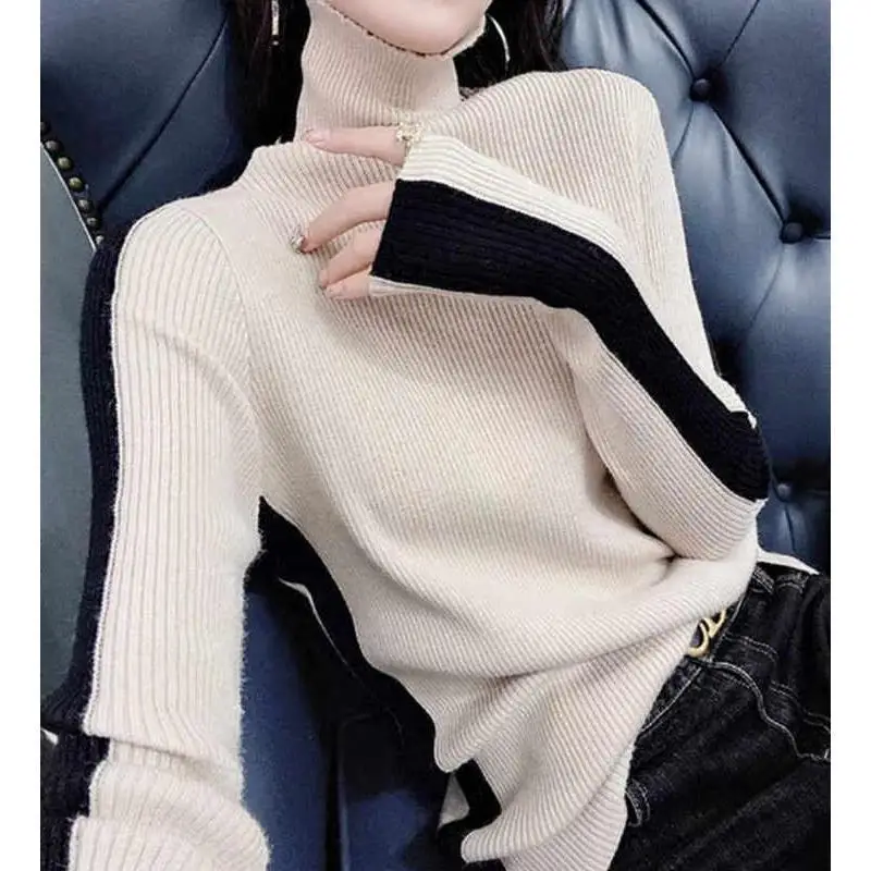 Autumn and Winter Women's Pullover High Neck Long Sleeve Contrast Stripe Shirring Slim Fit Fashion Casual Knit Bottom Tops