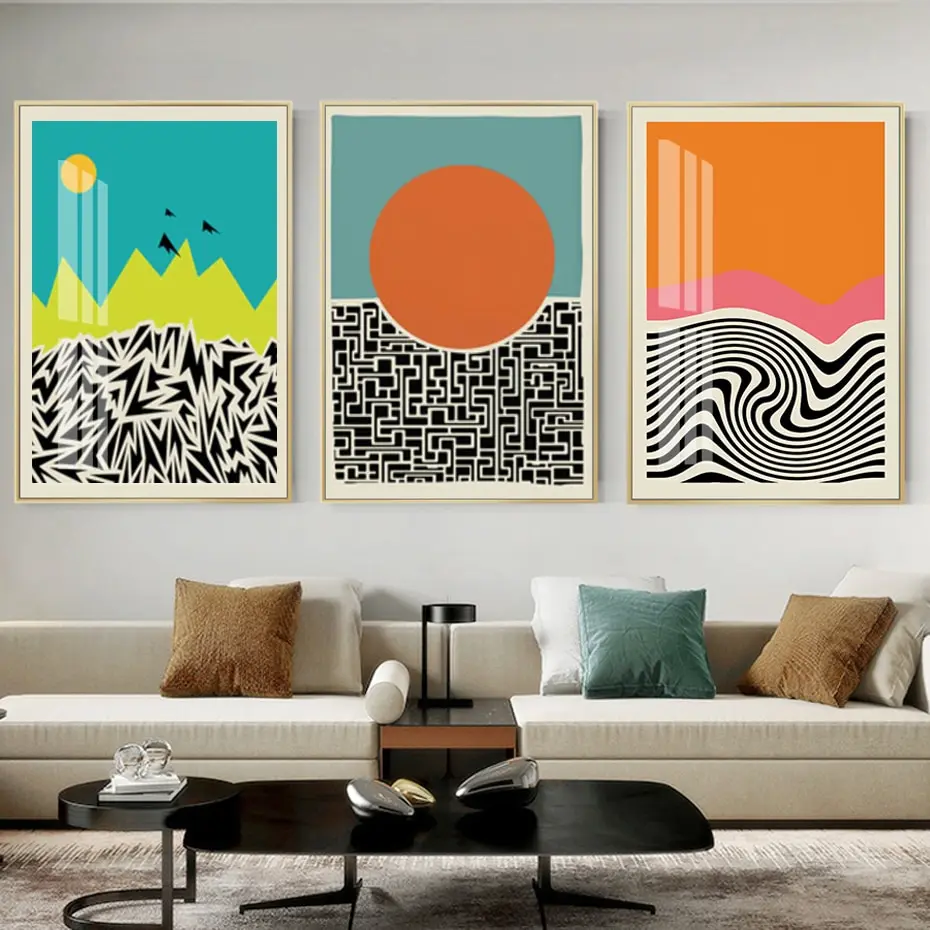 

Mid Century Modern Abstract Scene Poster Color Blocks Line Wall Art Canvas Paintings Prints Pictures for Living Room Home Decor