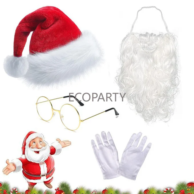 

Santa Claus Cosplay Costume Christmas Hat Beard Glasses Gloves Sets Role Play Prop Winter New Year Party Dress Up Suits Adult