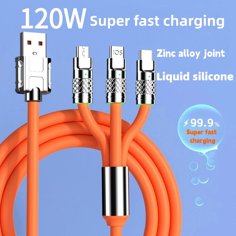 6A 120W 3in1 2in1 USB Fast Charger Cable For iPhone 14 Micro USB Type-C 8-Pin Charging Cable For Huawei Samsung Xiaomi Wire Cord charging cable