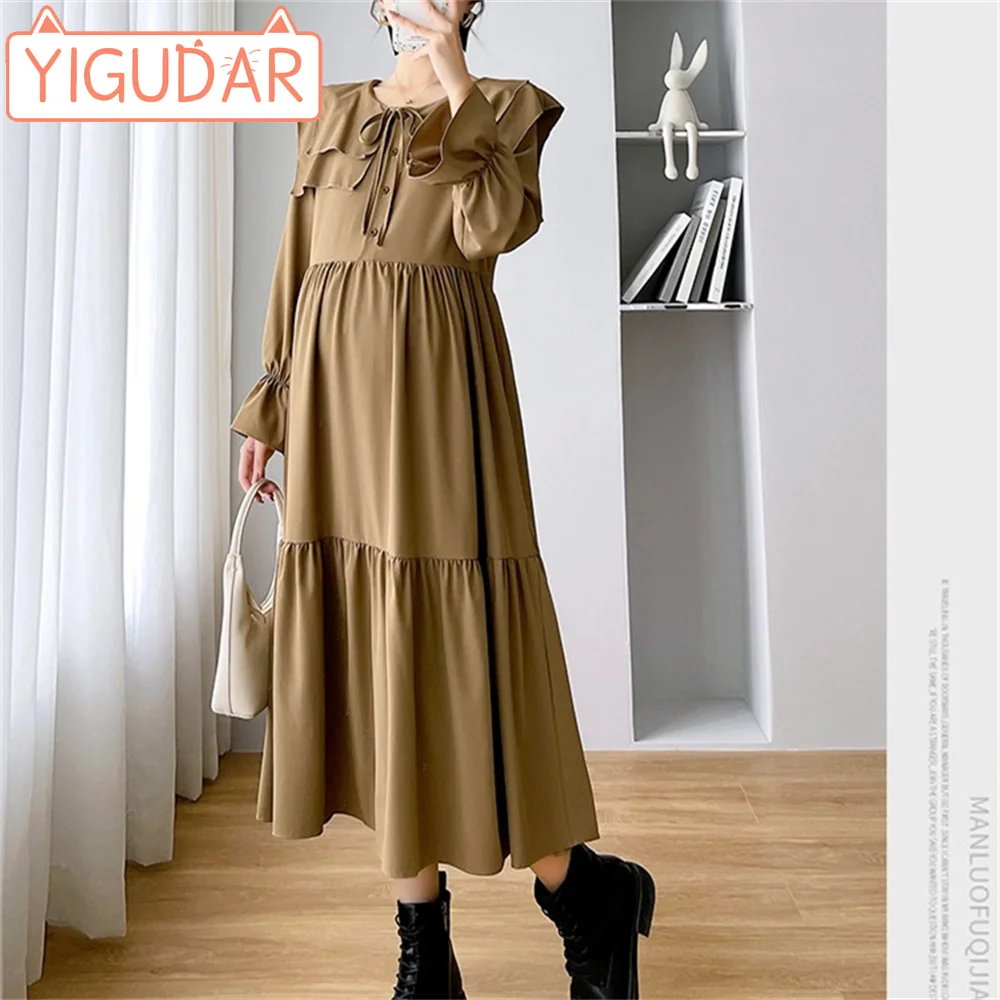 Pregnant women's autumn winter loose fitting Korean version patchwork French retro slim and gentle mid length maternity dress