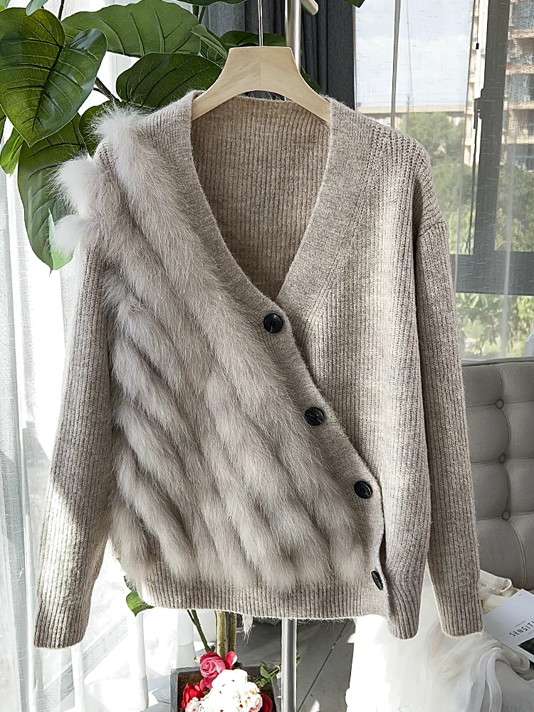 

2023 promotional winter Genuine Fox Fur Knitwear Coat Female Irregular elegant real fox fur Sweater Cardigan