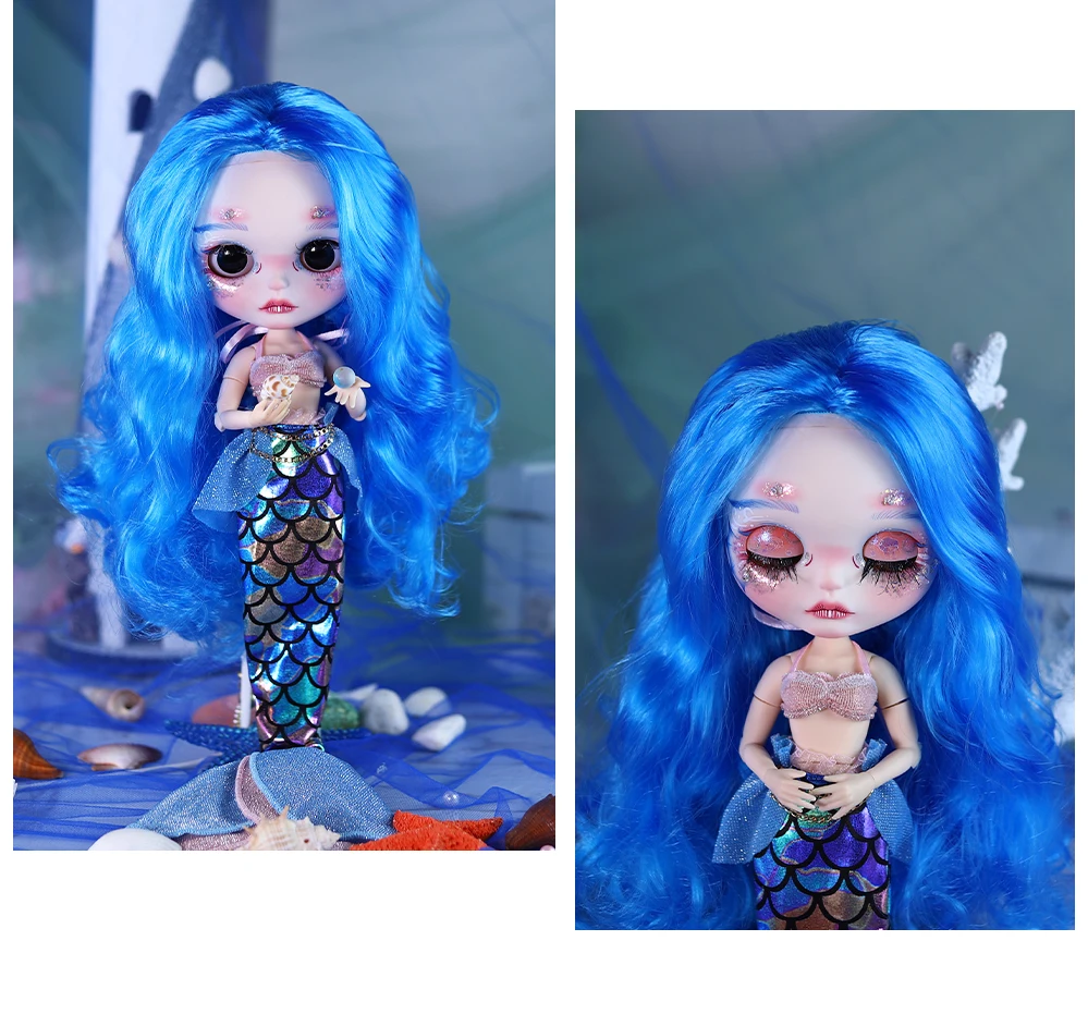 Nàng tiên cá - Cao cấp Custom Neo Blythe Búp bê tóc xanh da trắng khuôn mặt dễ thương mờ 9