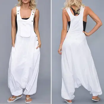 여성 여름 느슨한 얇은 점프 슈트 하렘 바지 넓은 다리 바지 민소매 포켓 턱받이 점프 슈트 Size S-5XL