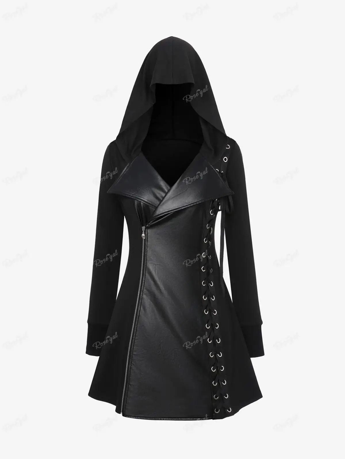 ROSEGAL Plus Size Gothic PU Panel Hooded Coats Black Slim Outwear