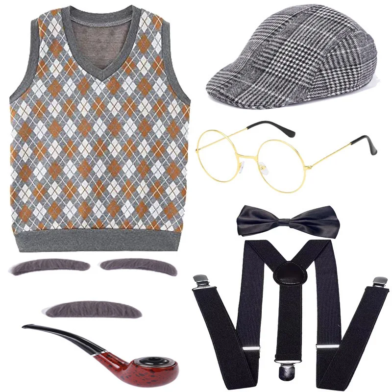 תחפושת גברים מבוגרים להתחפשות בסגנון קוספליי, חליפת סבא לילדים עם משקפי זקן ומקל הליכה, מתאימה למסיבת קרנבל ולמשחק תפקידים