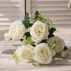 Rose Pink Silk Peony Bouquet - Elegant Artificial Floral Arrangement for Weddings and Home Decor (White)