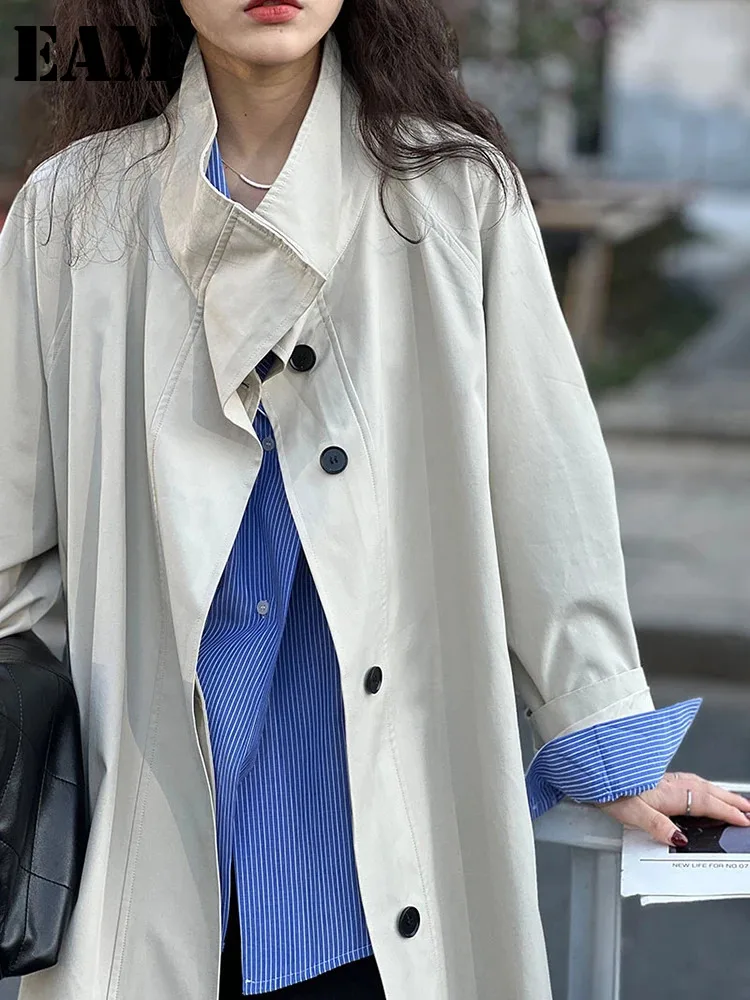 

[EAM] Women Beige Big Size Plaid Belted Trench New Stand Collar Long Sleeve Windbreaker Fashion Tide Spring Autumn 2024 1DH4754