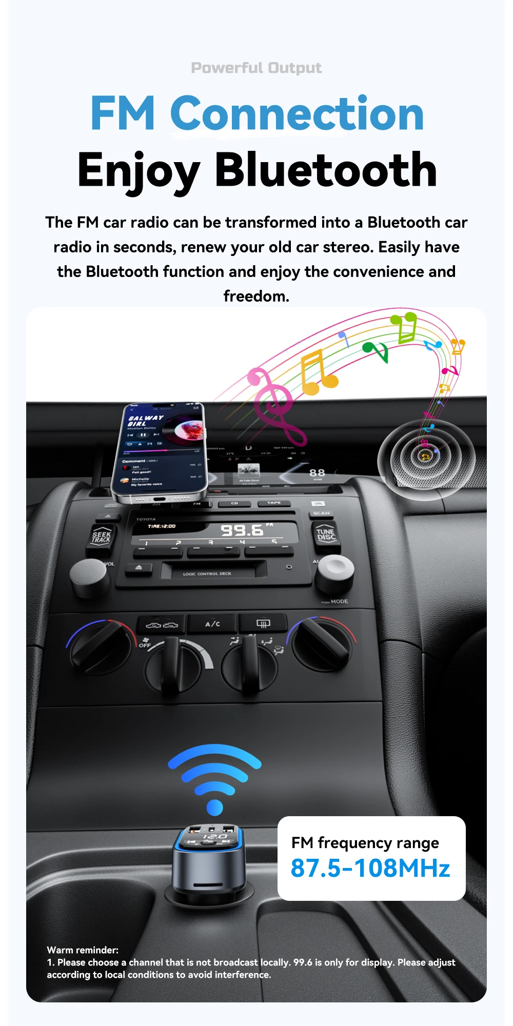 FM Bluetooth5.3 Transmitter 35W USB Type-C Dual Ports PD QC Car Charger Aux Radi