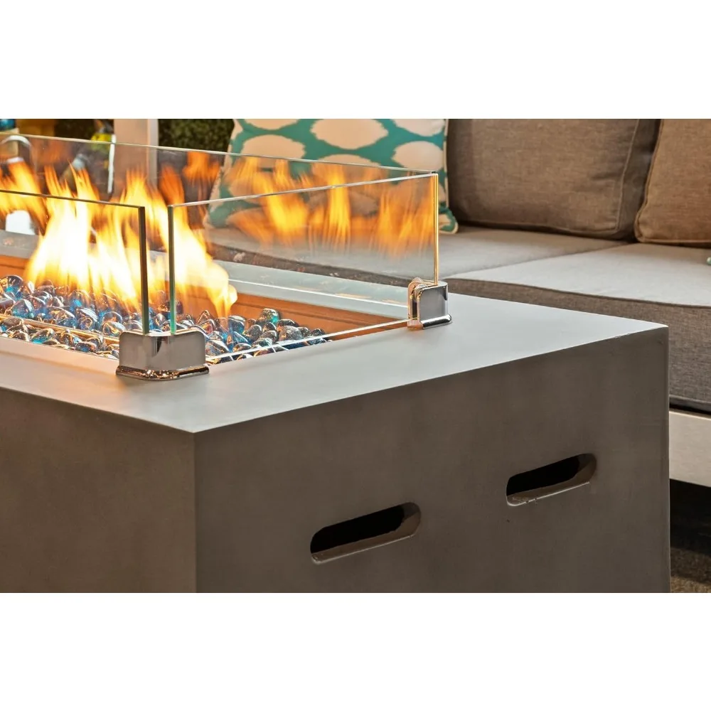 Rectangular Concrete Fire Pit Table 60" 50000 BTUs Glass Guard and Crystals