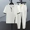 Summer Chinese Style Linen Tang Suit Traditional Clothing Men Tai Chi Uniform Retro Print V-neck Short Sleeve Shirt Pants Set 1