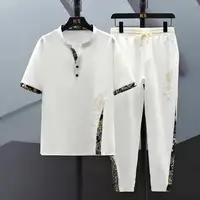 Summer Chinese Style Linen Tang Suit Traditional Clothing Men Tai Chi Uniform Retro Print V-neck Short Sleeve Shirt Pants Set 1