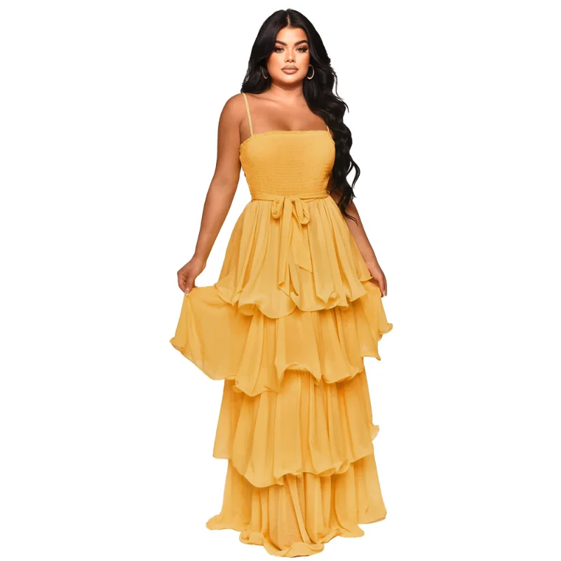 

Elegant Cascading Ruffle Long Cake Dress Women Smocked Spaghetti Straps Slip Robe High Waist Sweetheart Summer Date Out Vestidos