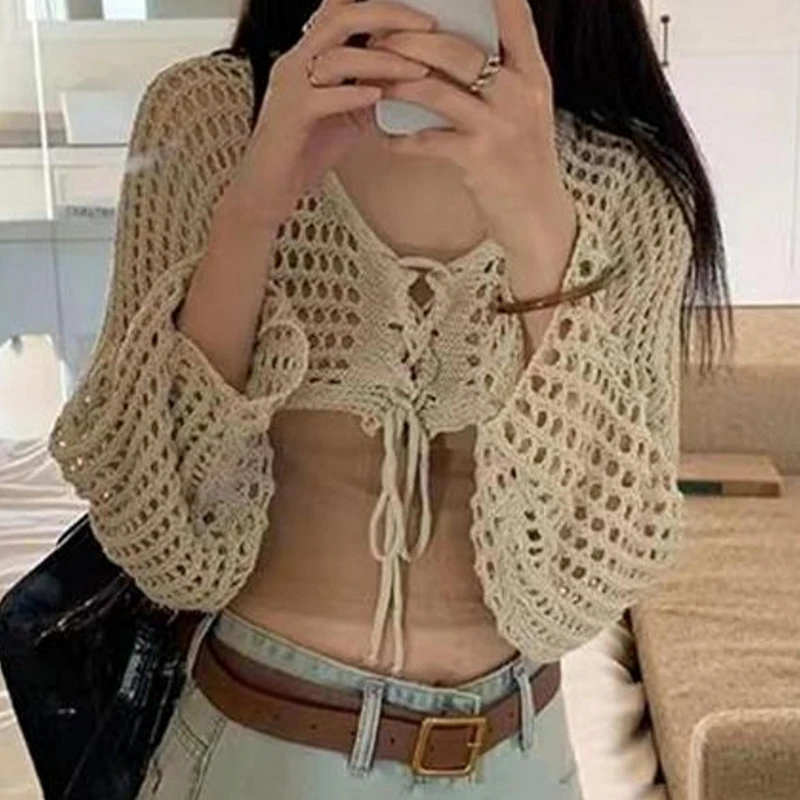 Summer Fashion Lace-up V-neck Long Sleeve Hollow Knitted Cardigan Women's Crop Top 2
