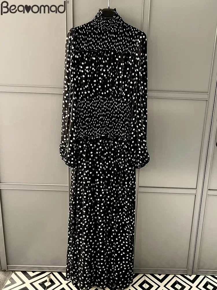 

Fashion Runway Autumn Polka Dot Print Floor-Length Dress Women's Flounces Collar Elastic Waist Lantern Sleeve Dresses