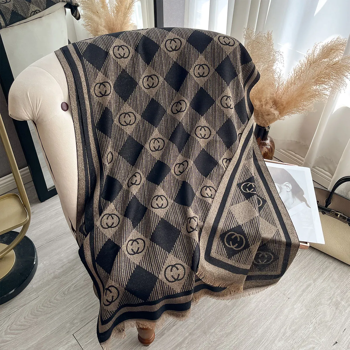 Elegant Ladies Print Hijab Golden Thread long Scarf With Spring and Autumn Sun Protection Scarf Decoration Shawl Wrap Headscarf