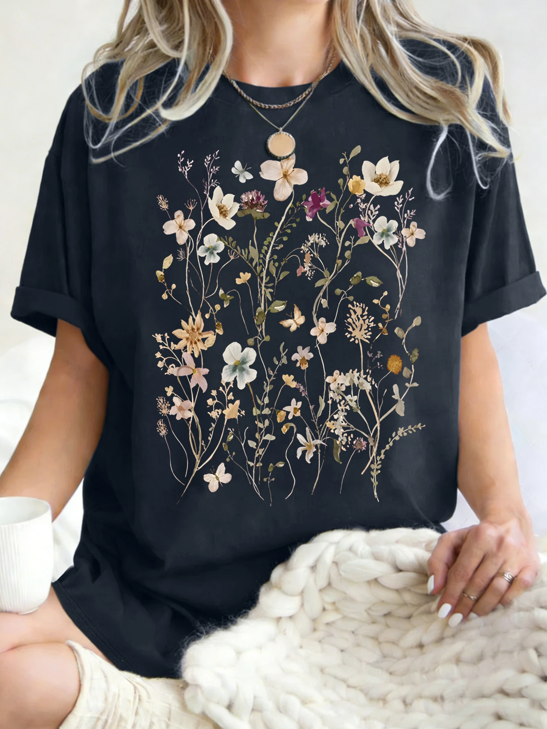Beautiful Flower Clusters Printing Woman T-Shirt Summer Oversized Short Sleeve O-Neck Cotton T Shirts Y2K Women Sports Tops