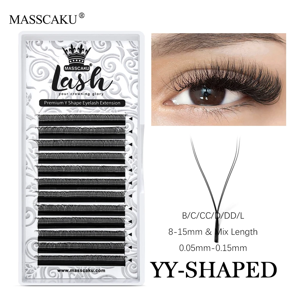 

MASSCAKU High Quality C/CC/D/DD Curl 8-17mm YY Shape Eyelash Extensions Matte Premade Volume Fans Soft Two Tips Y-Style Lashes