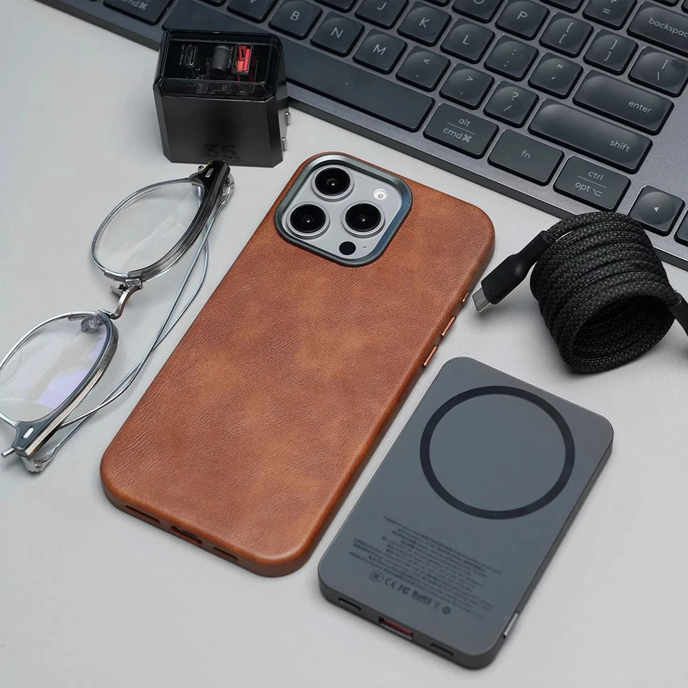 Premium Vintage Leather Magnetic Phone Case with Wireless Charging and Shockproof Back Cover