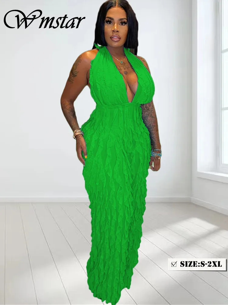 

Wmster Jumpsuit Women 2023 Sexy Party Club Romper Ruffles Halter Backless Sleeveless Wide Leg Playsuit Wholesale Dropshipping