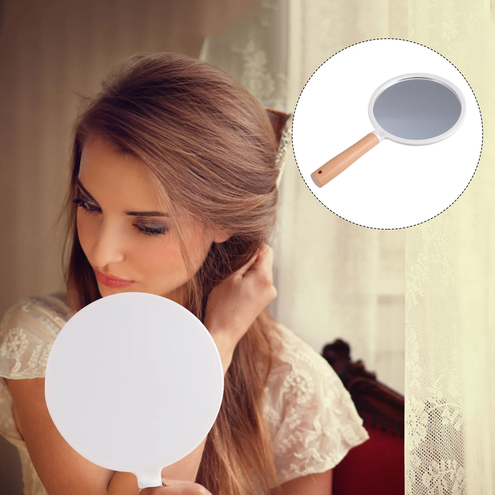 Durable Handheld Mirror Barber Makeup Mirror Wood Handle Care Tool Portable Compact Travel Beauty