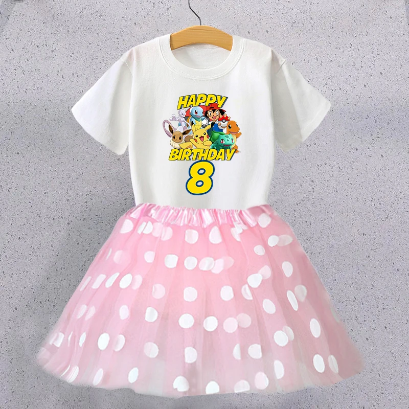 

Pokemon Happy Birthday Clothes Suit Pikachu Number Tees Skirt 2pcs Girl Clothing Set Cute Cartoon Kids T-Shirt Dot Tulle Skirts