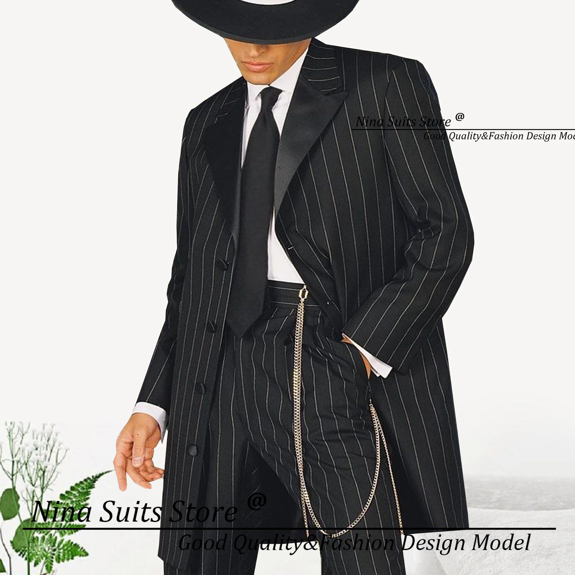 Nina Store Wide Distance Stripe Men Suits Long Blazer Casual Pants Navy White Pinstripe Peak Lapel Tuxedos for Business Party