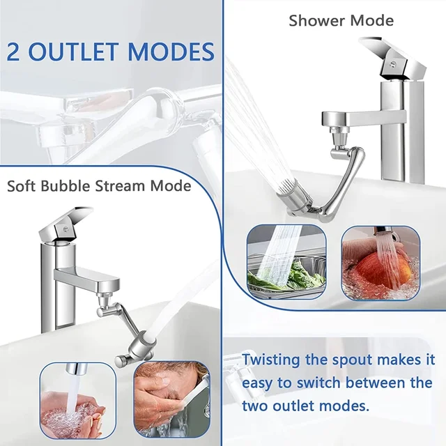 Multifunctional Rotary Extension Faucet 1080° Rotation Faucet Sprayer Dual Effluent Robot Arm Extension Faucets Aerator Bubbler 2
