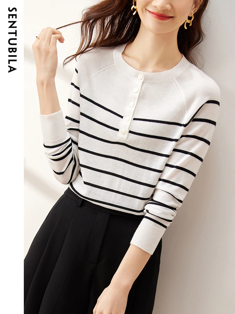 

Sentubila Contrast Striped Sweater Woman 2023 Spring Crewneck Long Sleeve Knitted Tops Straight Pullover Jumper Womens Clothing