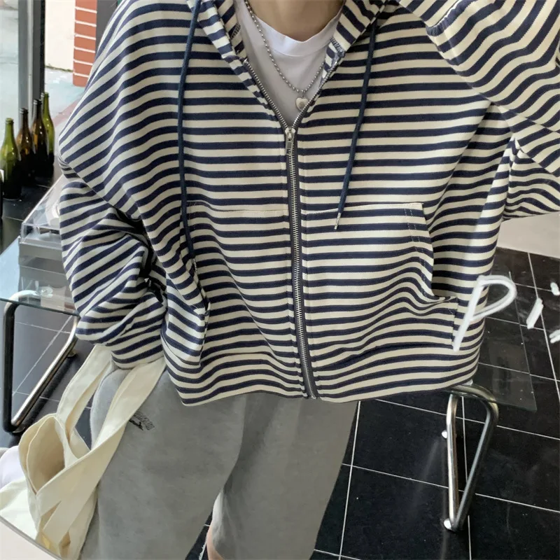 Autumn Women Striped Hoodies Sweatshirt Long Sleeve Hooded Zipper Pockets Jackets Casual Tracksuit Female Clothes