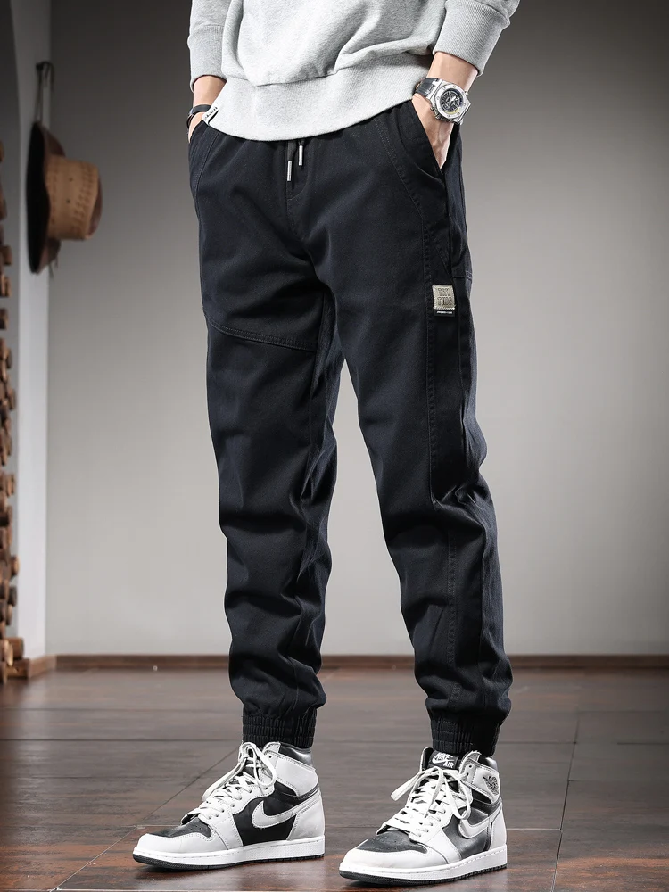 Fashion Black Casual Pants Men Autumn Elastic Waist Drawstring Joggers Trousers