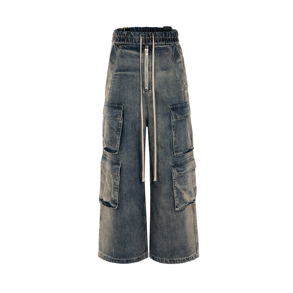 

Men Casual Cargo Denim Jeans Cotton Men's Clothing Coated Autumn Straight Loose High Street Blue Jeans Owens Long Pants