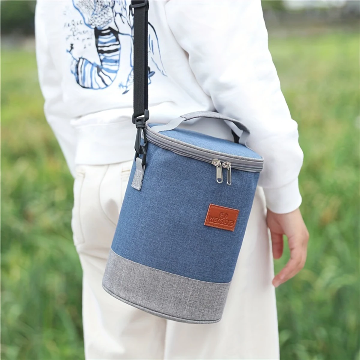 Round Thermal Bag Aluminium Foil Lunch Box Bag Cylinder Bento Shoulder Waterproof Large Capacity Lunch with Suitab