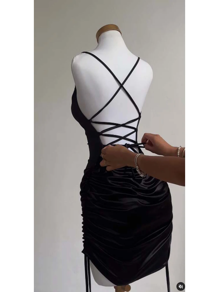 Sexy Satin Lace Up Bodycon Mini Dress Women Sleeveless Backless Party Club Dresses Streetwear Elegant Evening Clothes Black Robe 6