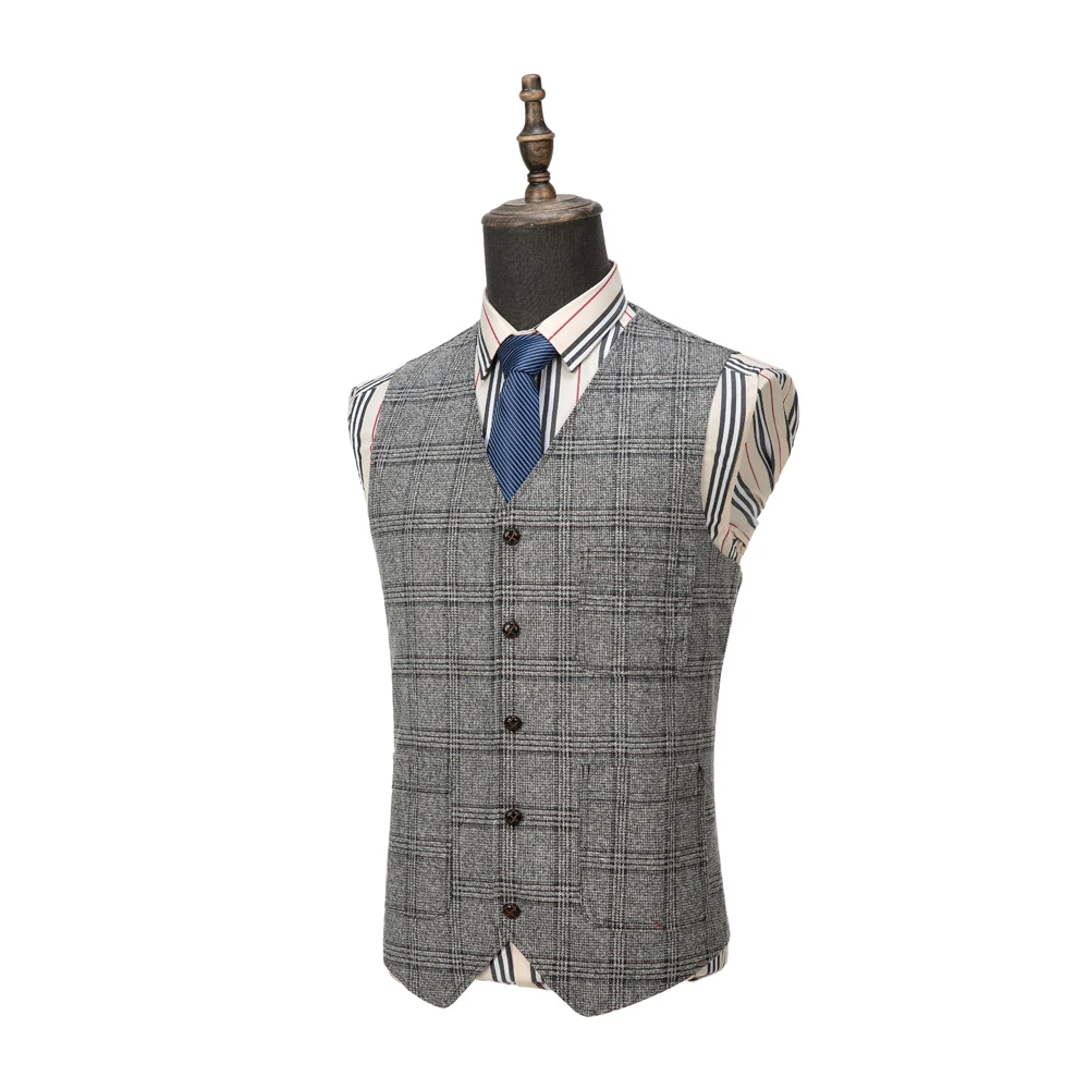 남성용 회색 격자 무늬 싱글 브레스트 조끼, 남성 신사 맞춤형 V넥 비즈니스 슬..