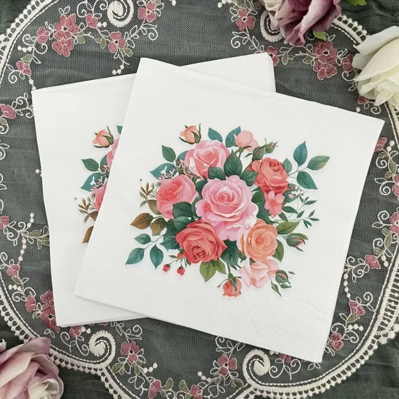 10/20pcs 33cm 2-Ply Rose Bouquet Napkins Wedding Hotel Printed Handkerchiefs Valentine's Day Confessions Decorative Napkins