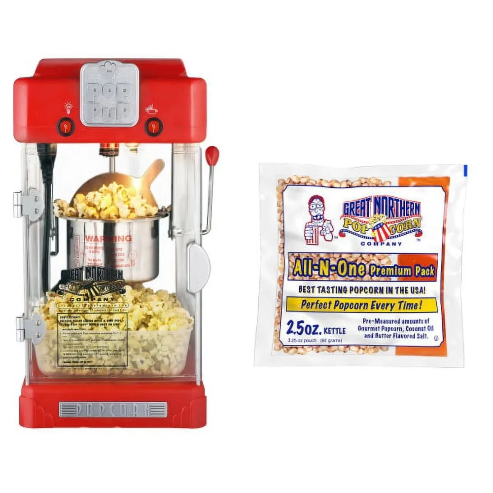 

Pup Popcorn Machine – 2.5 Oz Kettle with 12 Pack of Pre-Measured Popcorn Kernel Packets, Scoop, and Serving Cups by Great