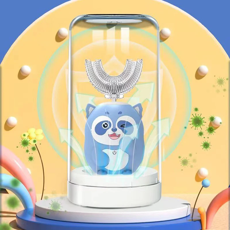 360Degrees Smart Electric Toothbrush Rechargeable for Kids Children Cartoon U Shaped Silicone Sonic Tooth Brush  Blue Light IPX7 3