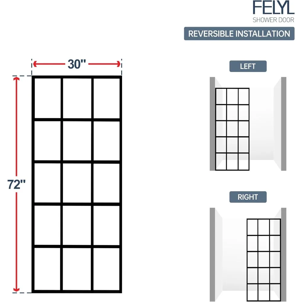 30x72 Inch Matte Black Grid Pattern Shower Screen with 8mm Tempered Glass, Reversible Installation