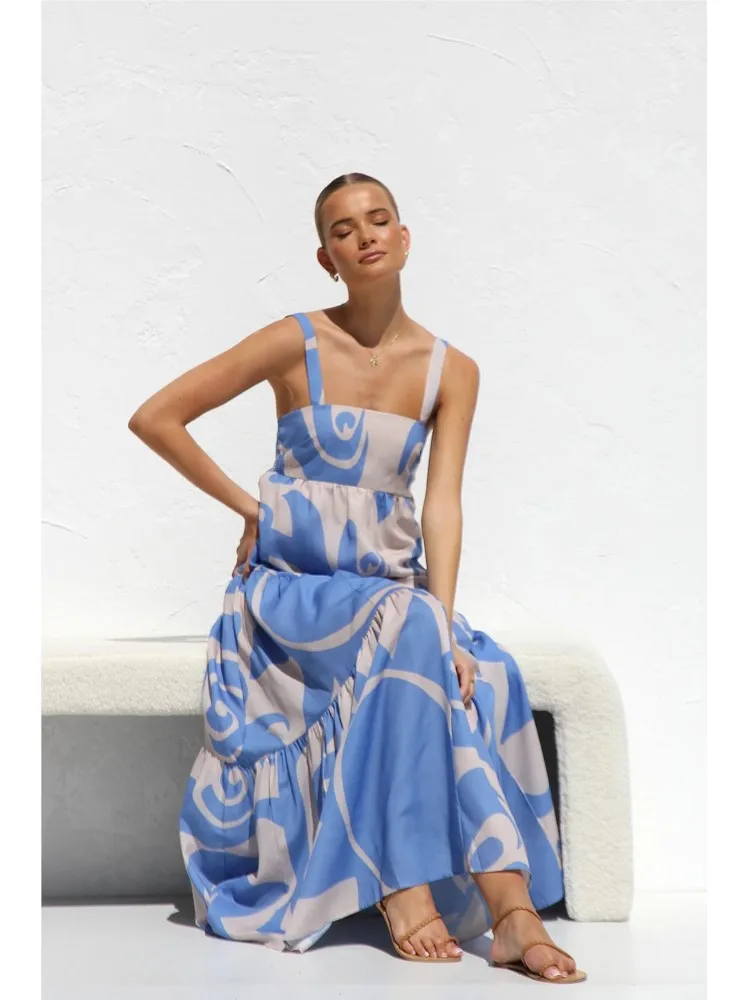 

2024 Summer Printed Beach Long Dresses For Women Bohemian Holiday Spaghetti Strap Maxi Dress Female Casual A-line Vestidos New