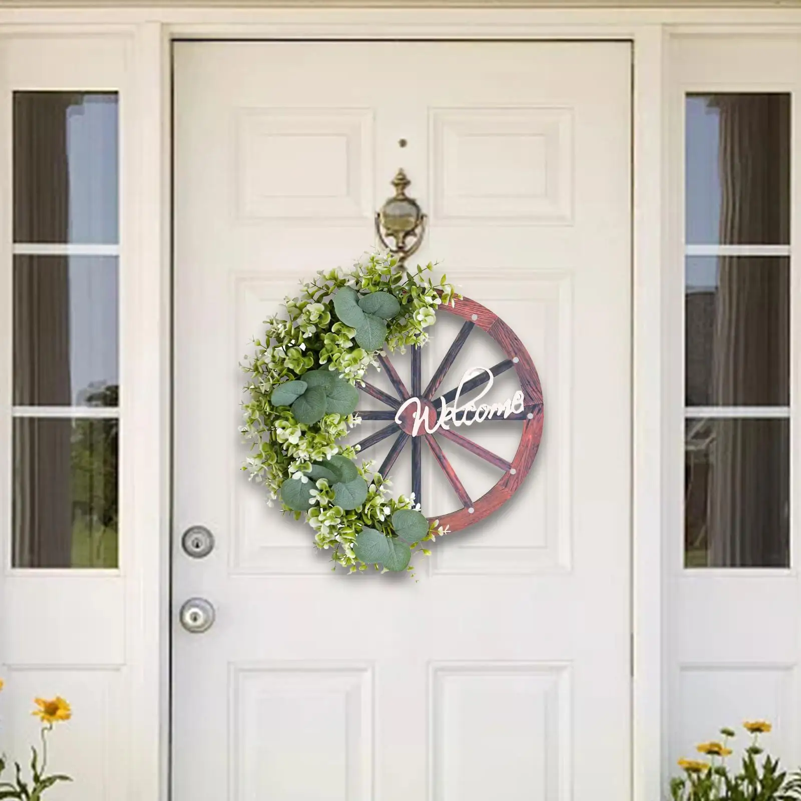 Spring Wreath Artificial Flowers and Wheel Decoration Gift Artificial Wreath Welcome Sign for Home Door Decor Multifunctional