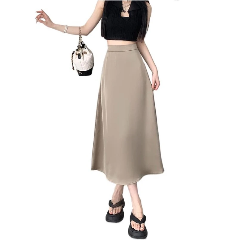 

Summer New Feminine Half Length Skirts Satin Finish Elastic Waist A-Line Elegant Lightweight Smooth Chic Ankle-Length Vestidos