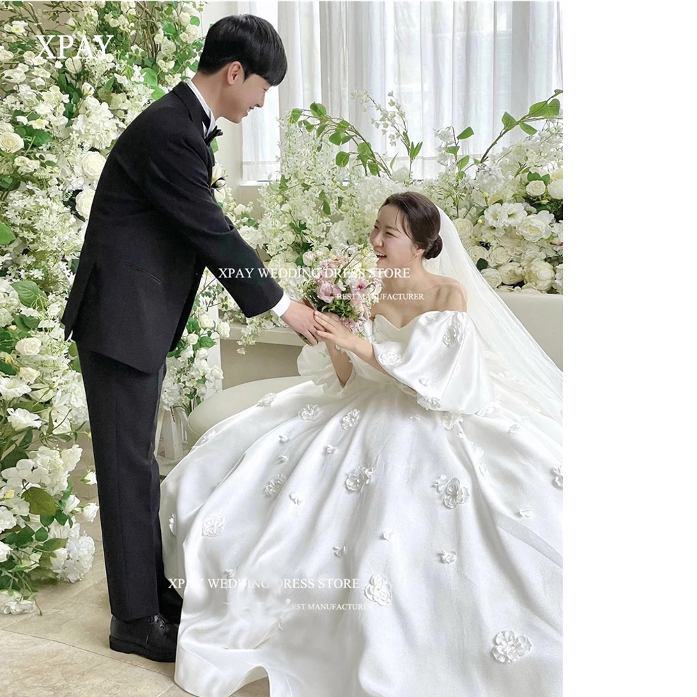 

XPAY Korean Elegant Strapless Satin A Line Wedding Dresses 3D Flowers Separat Lantern Sleeves Princess Long Bridal Gowns