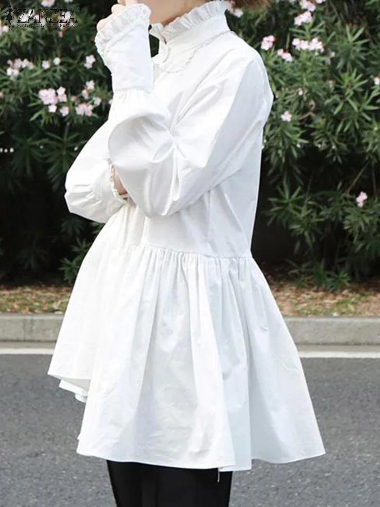 

Осенняя Повседневная рубашка ZANZEA с длинным рукавом, модные асимметричные топы, блузка с воротником-стойкой и оборками, женская элегантная Офисная Рабочая сорочка 2024
