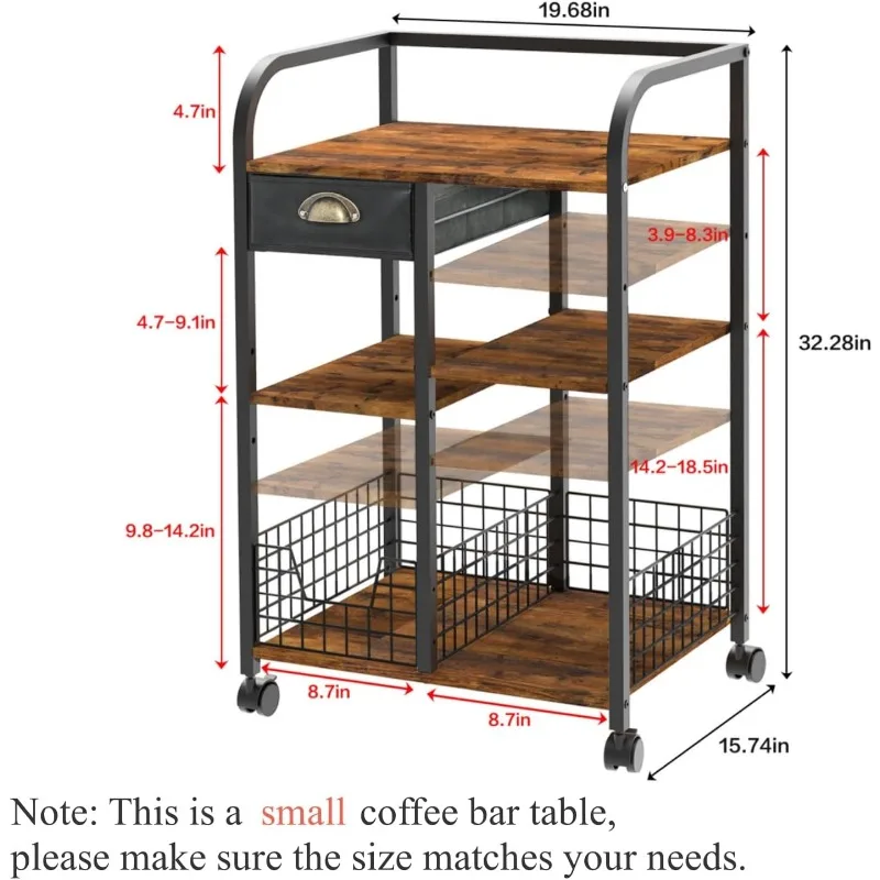 Coffee Bar with Wheels, Mobile Coffee Table with Storage Drawer, 4-Tier Adjustable Coffee Cart, Rustic Wood Coffee Bar Station 5