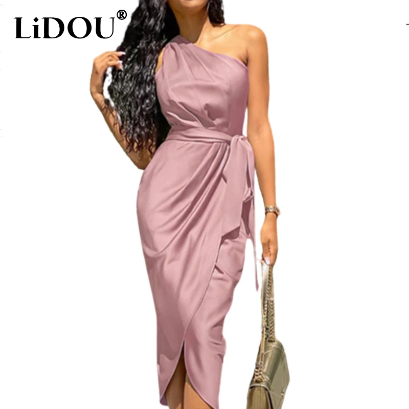 

Slash Neck Ruched Irregular Lacing Solid Satin Robe Dress Sexy Sleeveless Slit Midi Dresses Evening Party Vestidos Women Summer