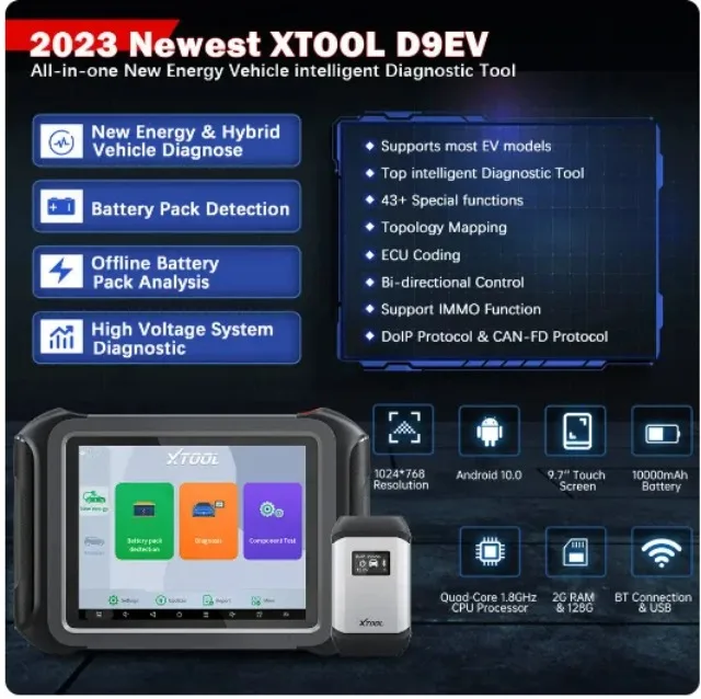 2024 최신 XTOOL D9 EV 자동차 진단 도구 및 에너지 차량 2 in 1 for 자동차 스캐너 배터리 테스터 D9ev 키트
