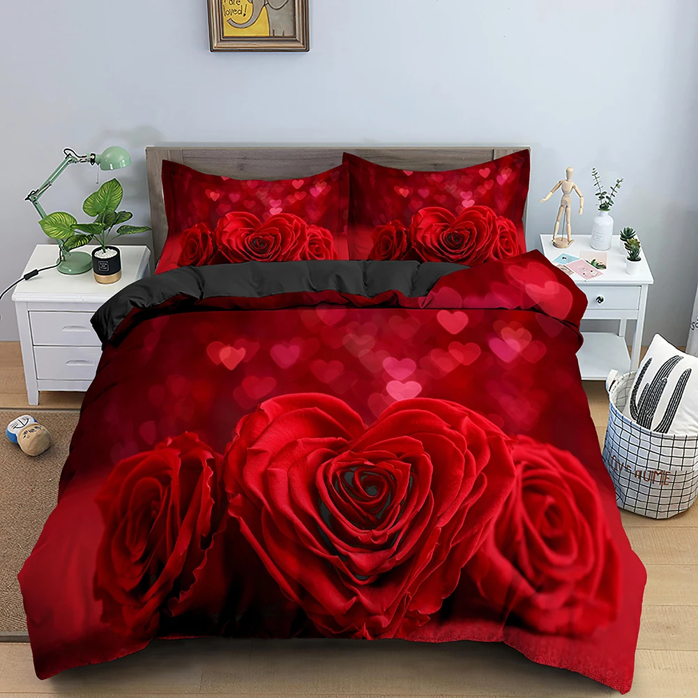 

Valentine's Day Wedding Bedding 3 Pcs Luxurious Rose Love Heart Duvet Cover King Microfiber 3D Red Rose Print Quilt Cover